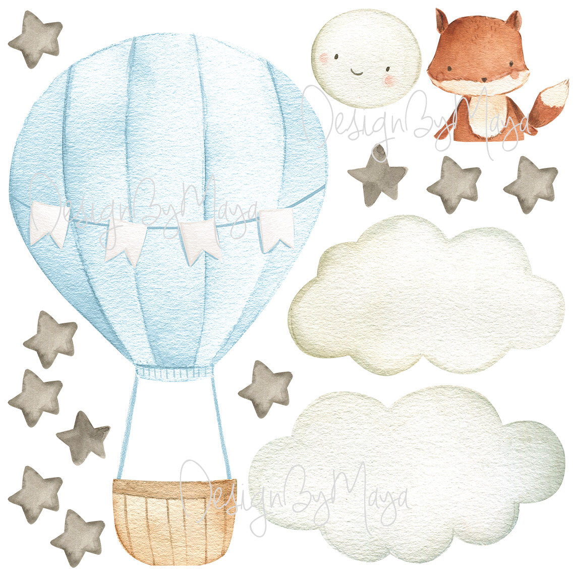 Baby Animal Inside Hot Air Balloon - Fabric Nursery Wall Art Decals