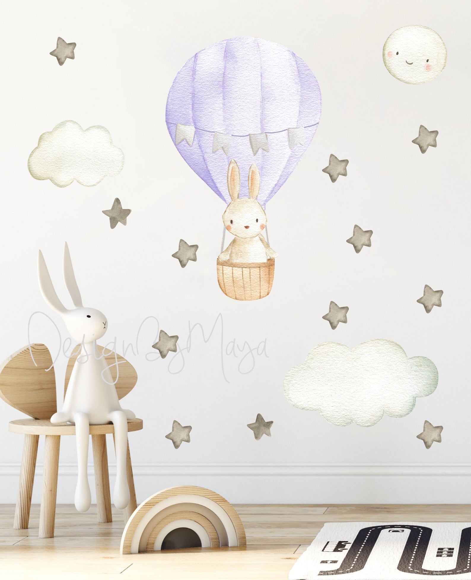 Baby Animal Inside Hot Air Balloon - Fabric Nursery Wall Art Decals