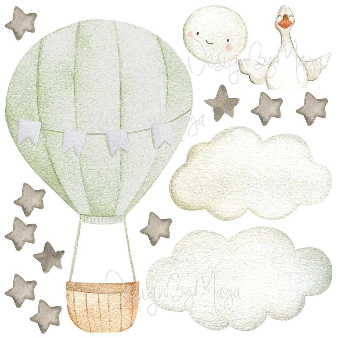 Baby Animal Inside Hot Air Balloon - Fabric Nursery Wall Art Decals