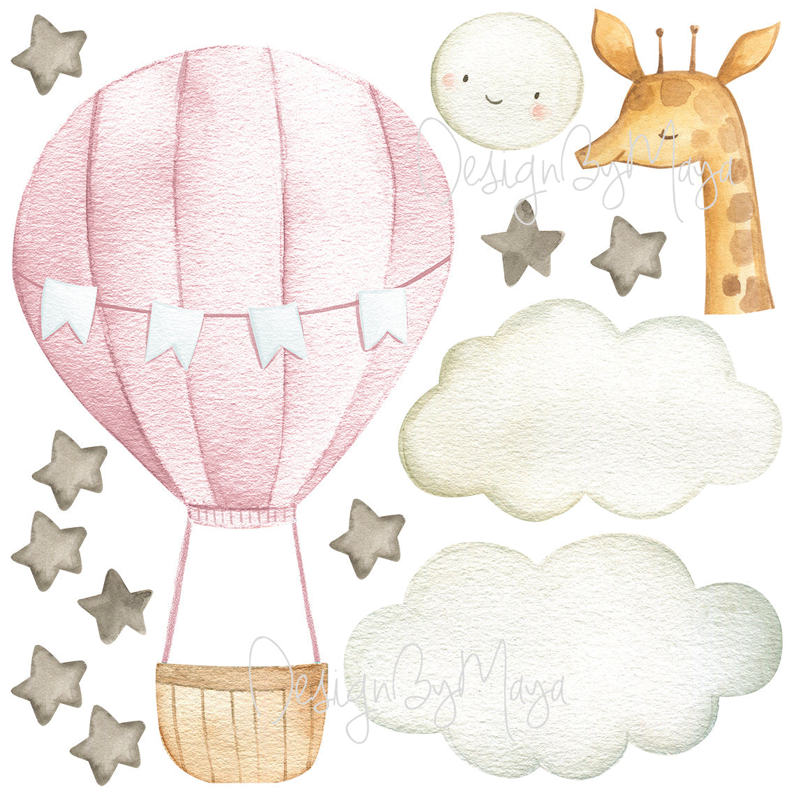 Baby Animal Inside Hot Air Balloon - Fabric Nursery Wall Art Decals