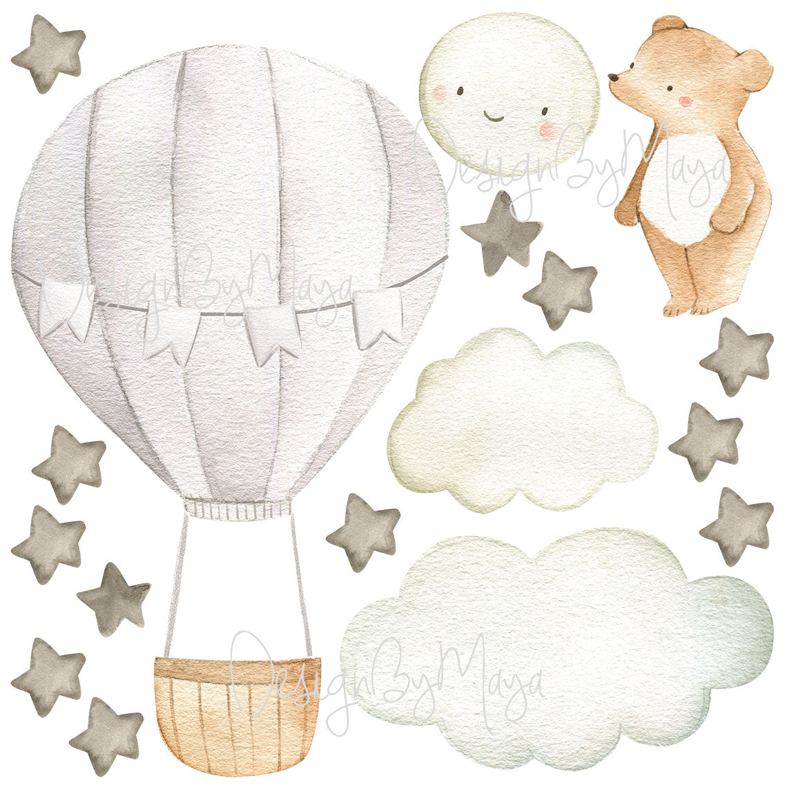 Baby Animal Inside Hot Air Balloon - Fabric Nursery Wall Art Decals