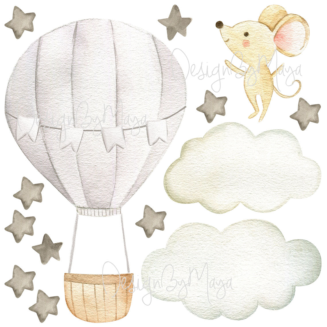 Baby Animal Inside Hot Air Balloon - Fabric Nursery Wall Art Decals
