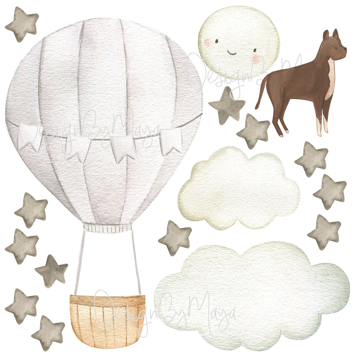 Baby Animal Inside Hot Air Balloon - Fabric Nursery Wall Art Decals