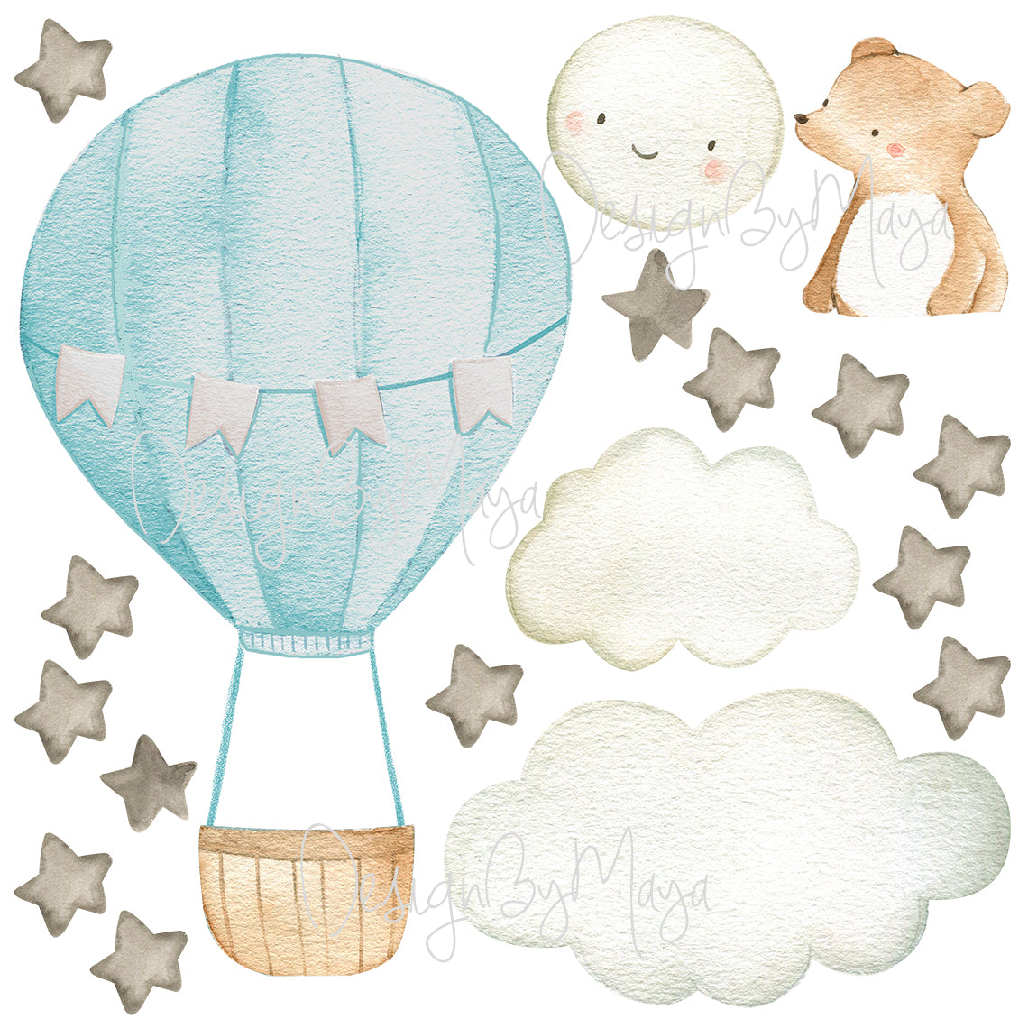 Baby Animal Inside Hot Air Balloon - Fabric Nursery Wall Art Decals