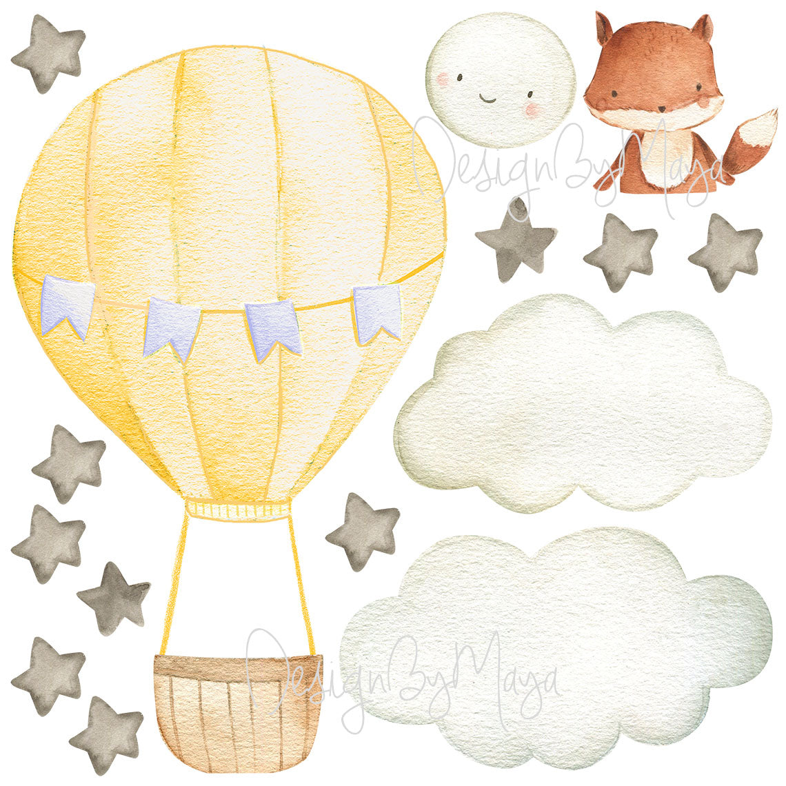 Baby Animal Inside Hot Air Balloon - Fabric Nursery Wall Art Decals