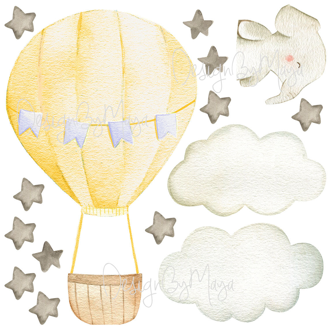 Baby Animal Inside Hot Air Balloon - Fabric Nursery Wall Art Decals