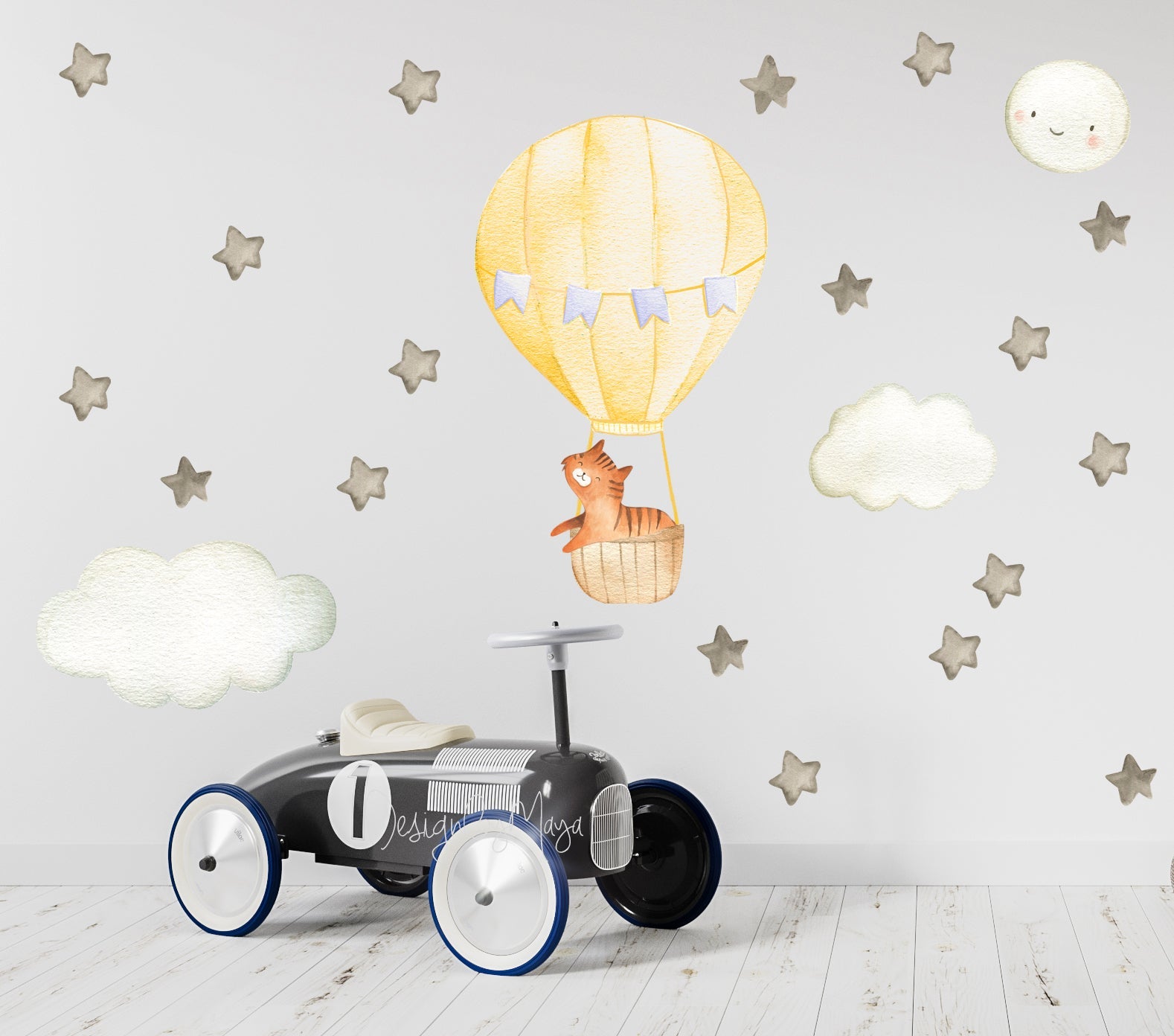 Baby Animal Inside Hot Air Balloon - Fabric Nursery Wall Art Decals