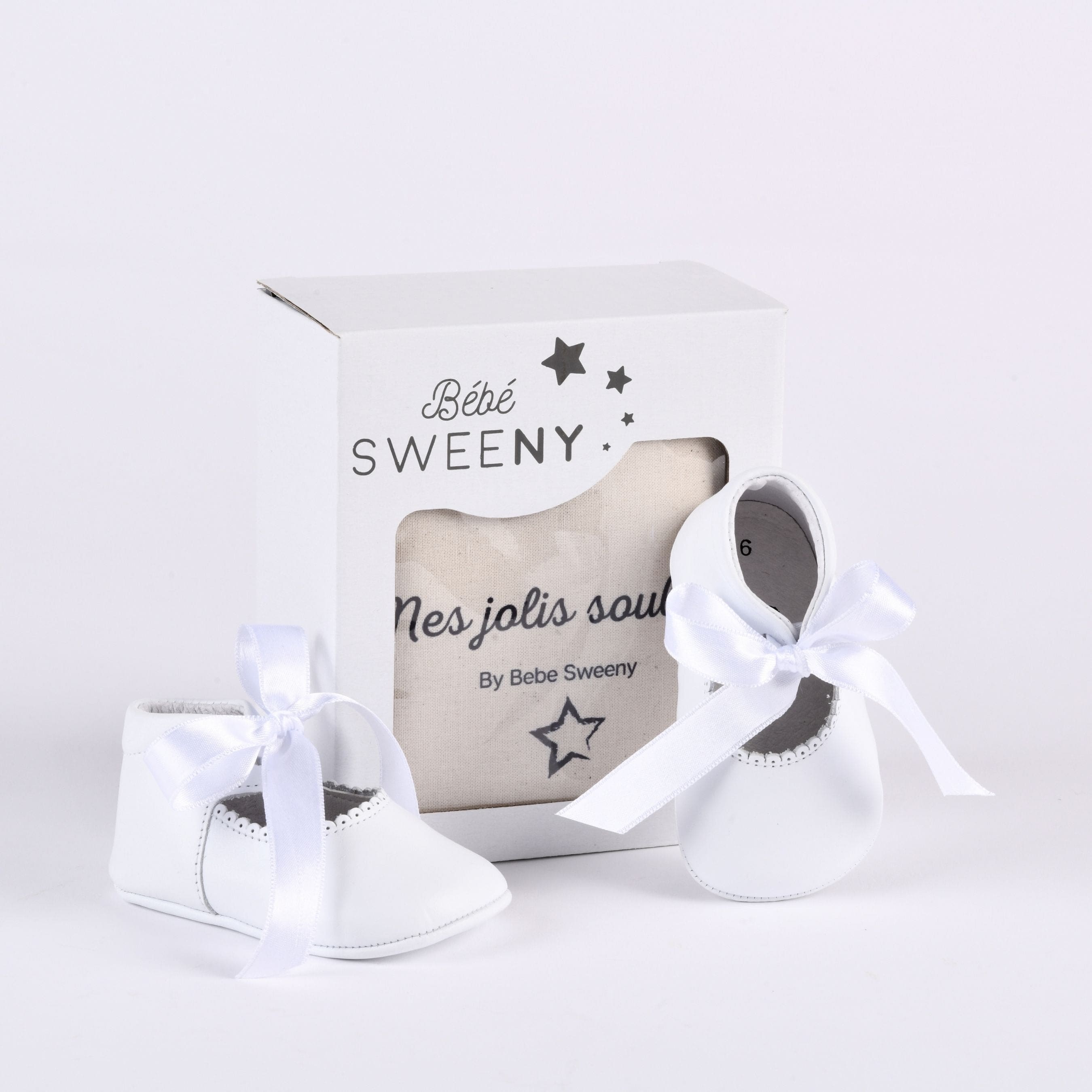 Girls White Leather Pre-walker Shoes With White Satin Ribbon