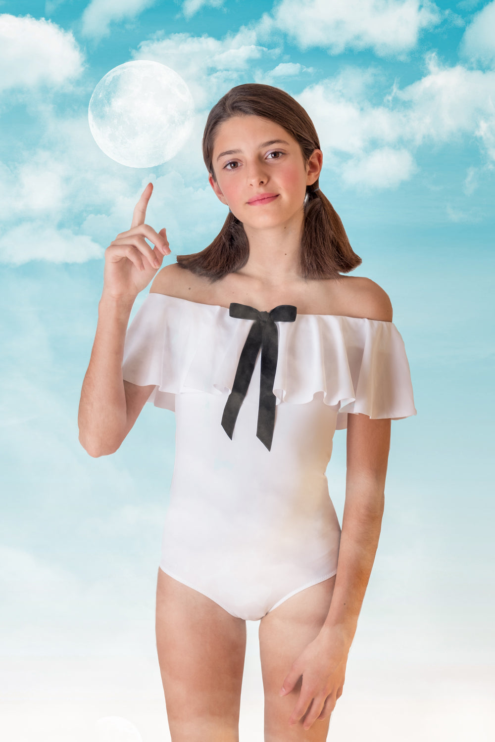 White Ruffle Swimsuit With Black Bow