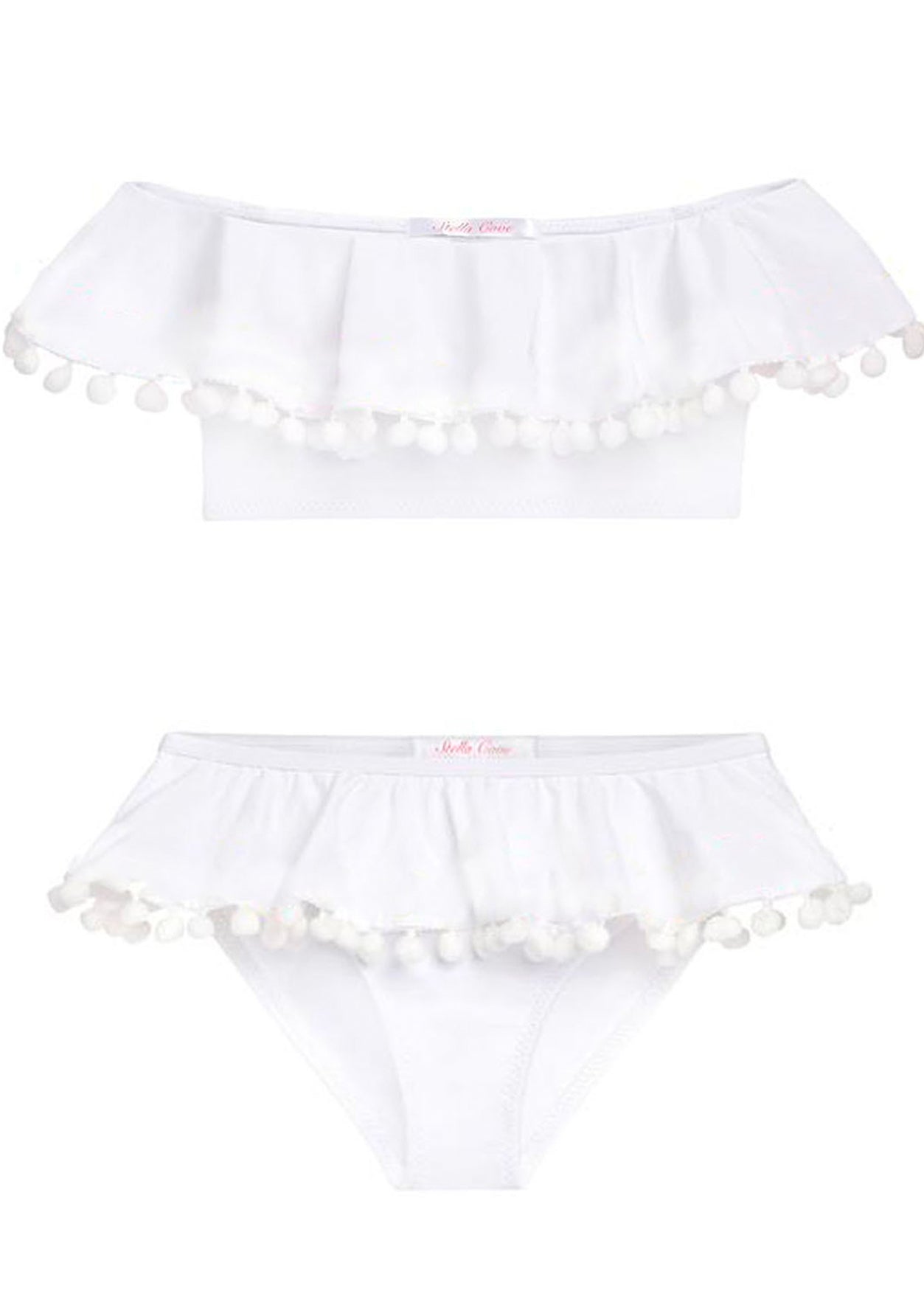 White Draped Bikini With White Pom Poms