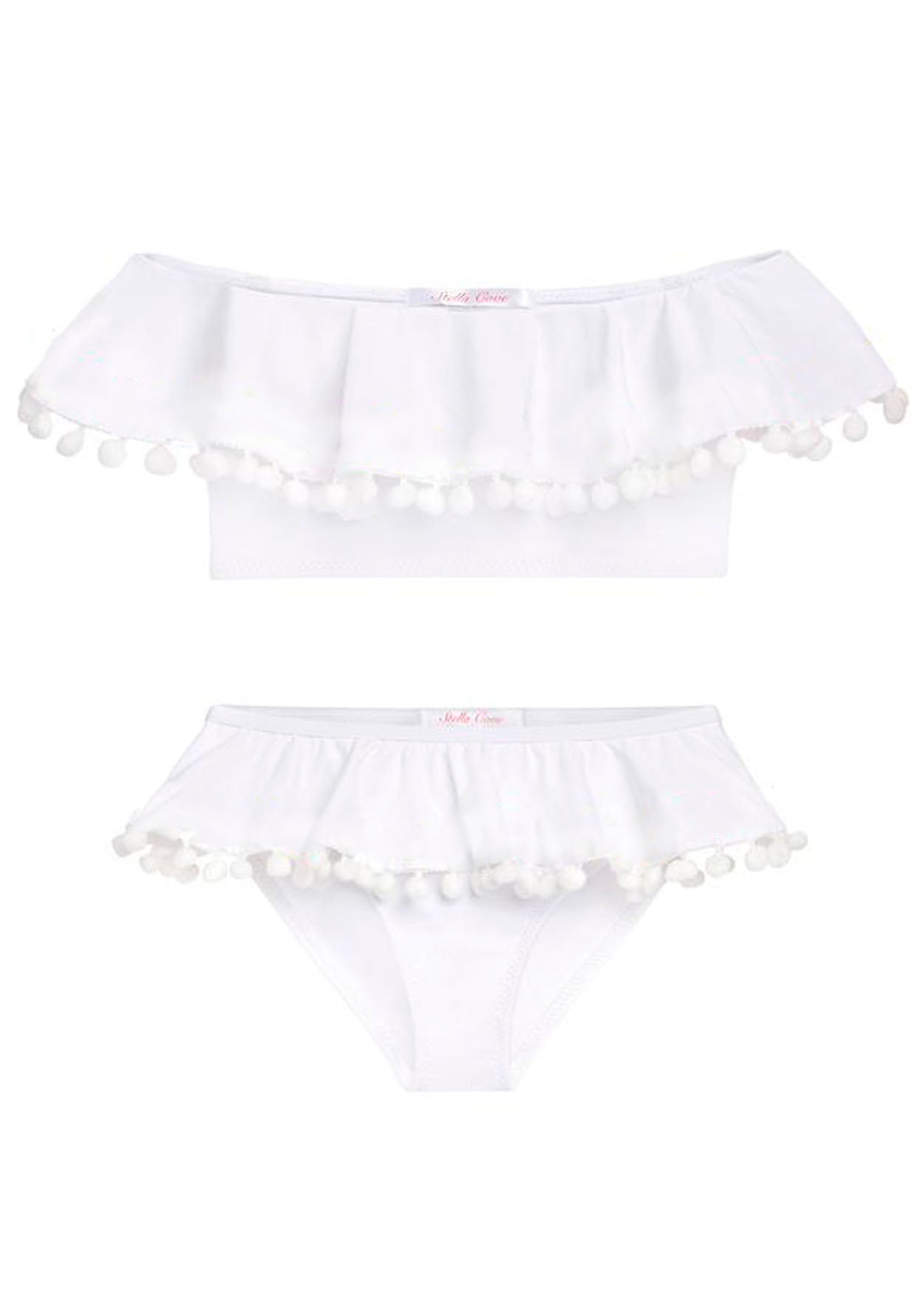 White Draped Bikini With White Pom Poms