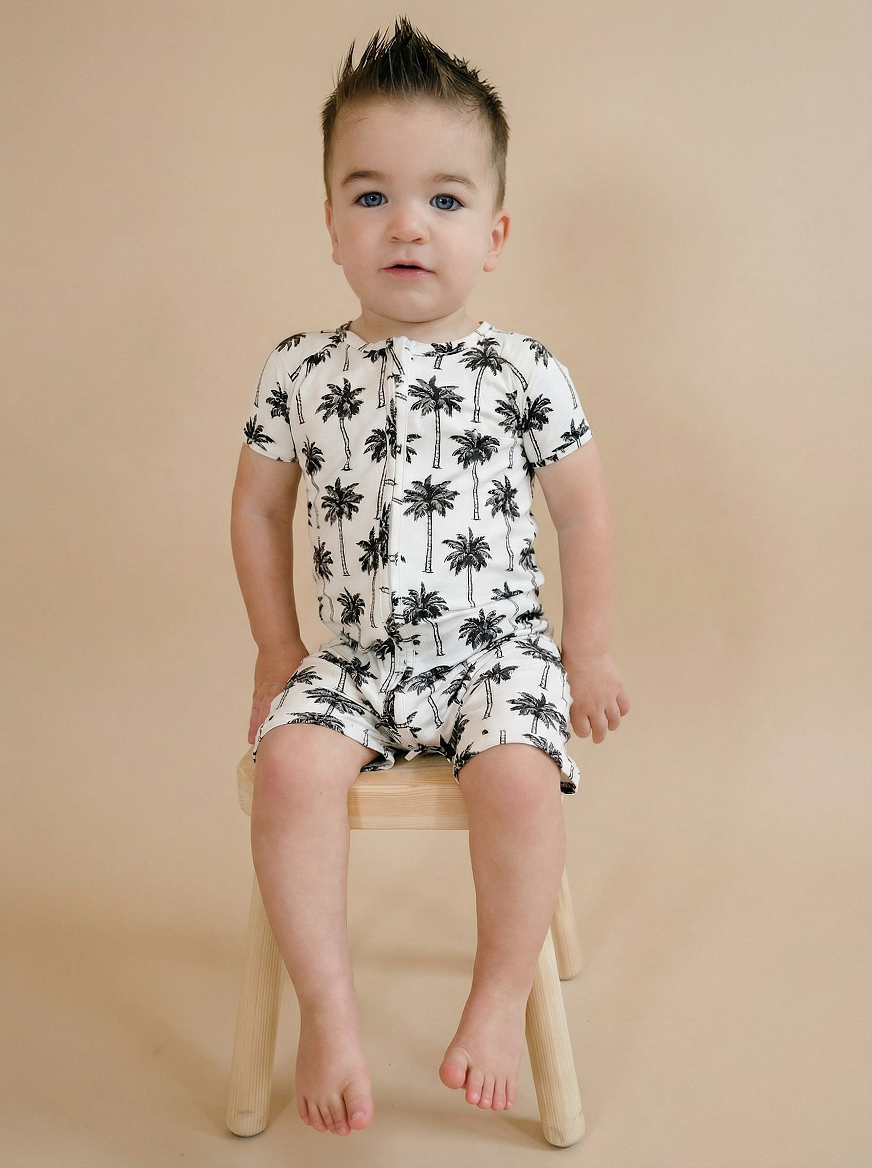 Bamboo Shorty Romper | Palm Style White