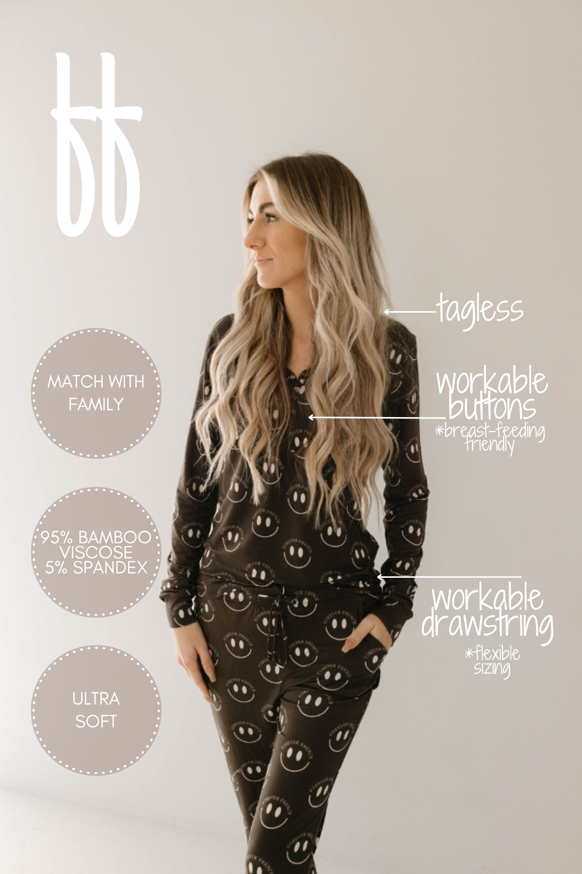 Women's Bamboo Pajama | Charcoal & White Ff Smile