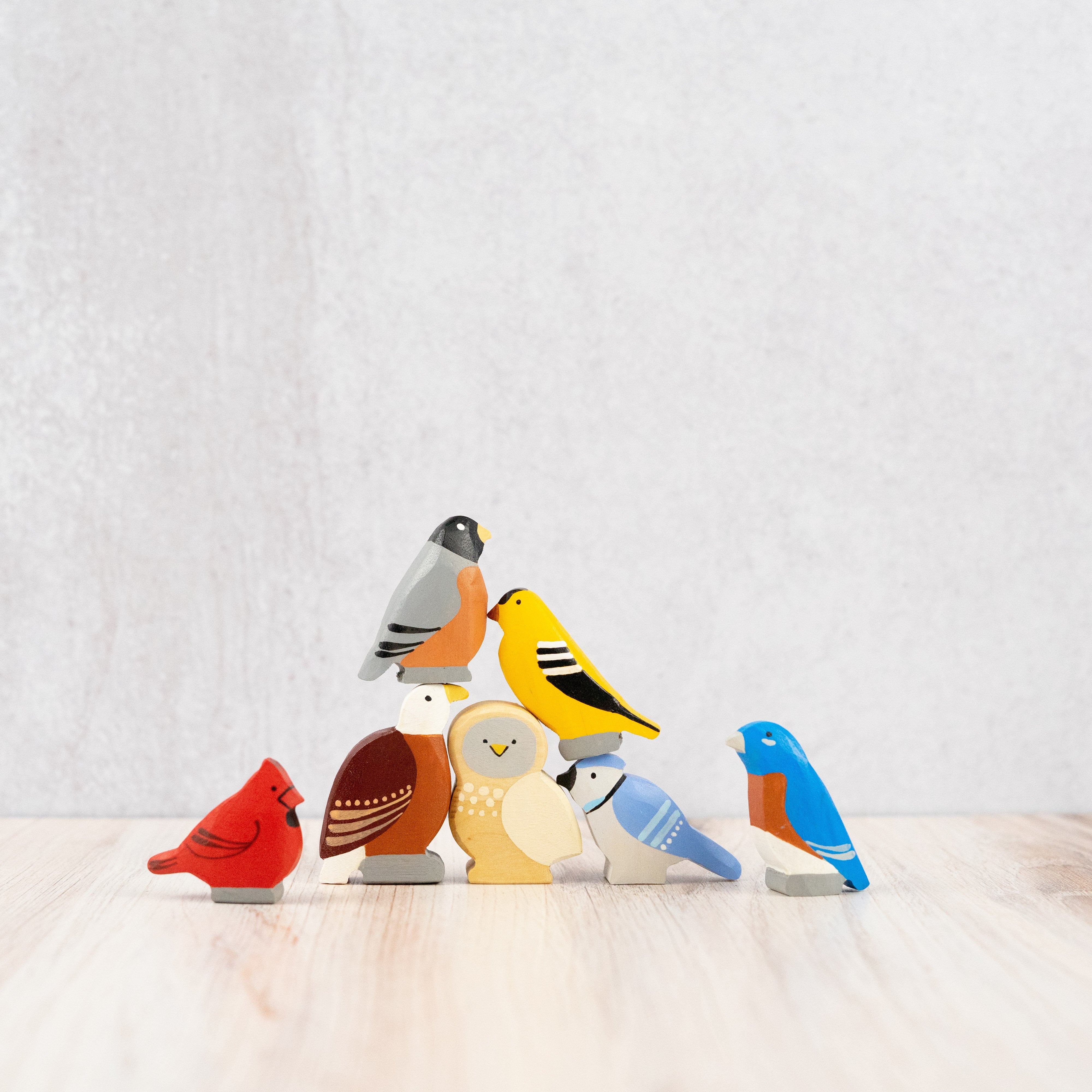 Set Of 7 Wooden Bird Figurines