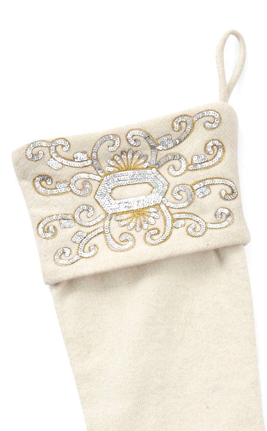 Wool Christmas Stocking Empress Beaded Cuff - Cream