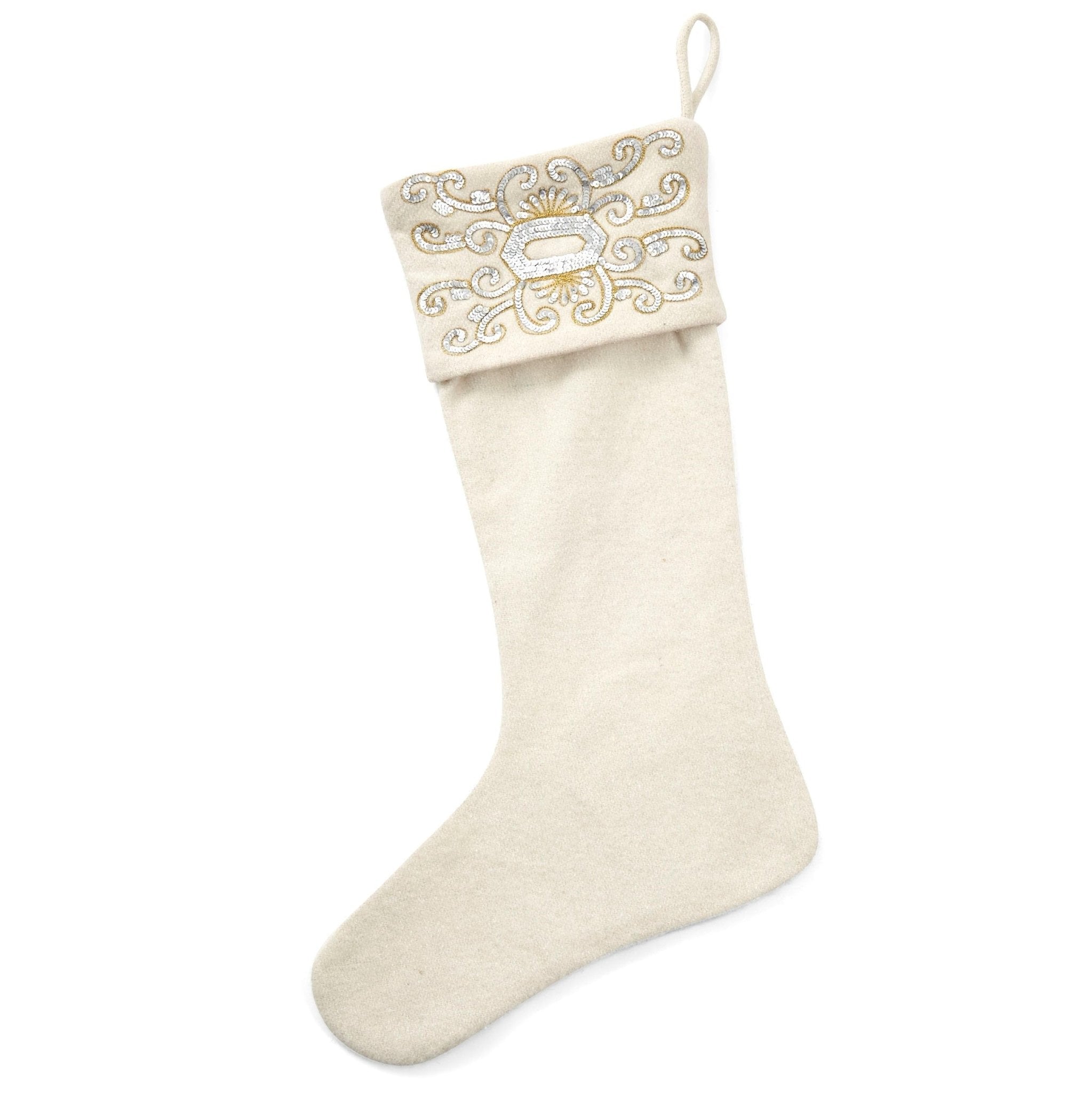 Wool Christmas Stocking Empress Beaded Cuff - Cream