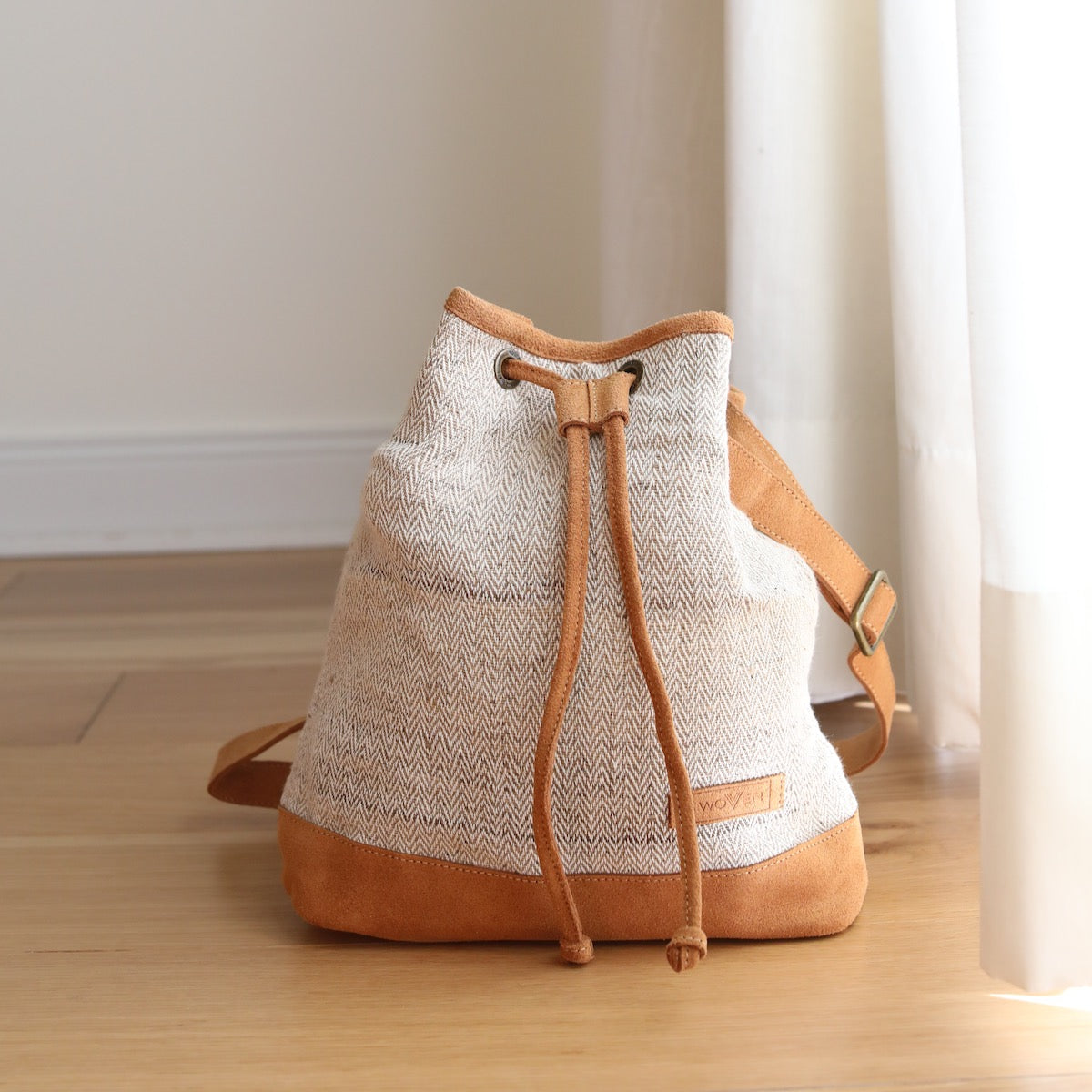 Woven Drawstring Bucket Bag - Beige