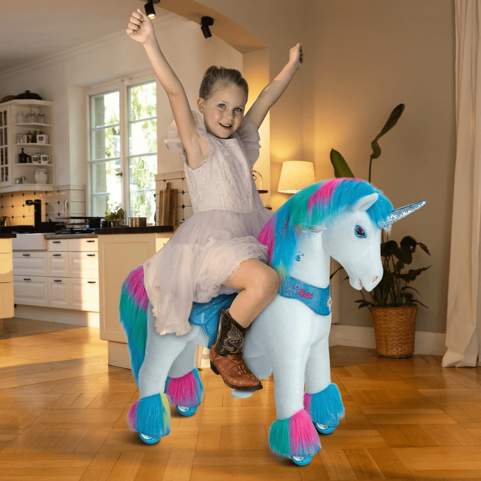 Model Y Rainbow Unicorn Rideable Toy For Age 4-7