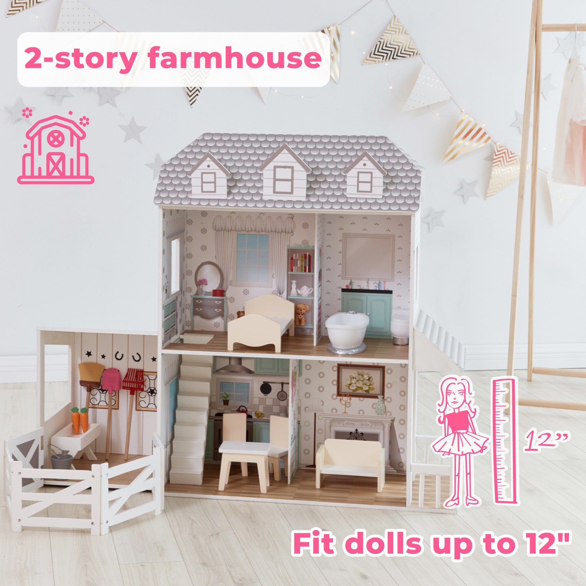 Dreamland Farm Dollhouse With 14 Accessories, White/gray