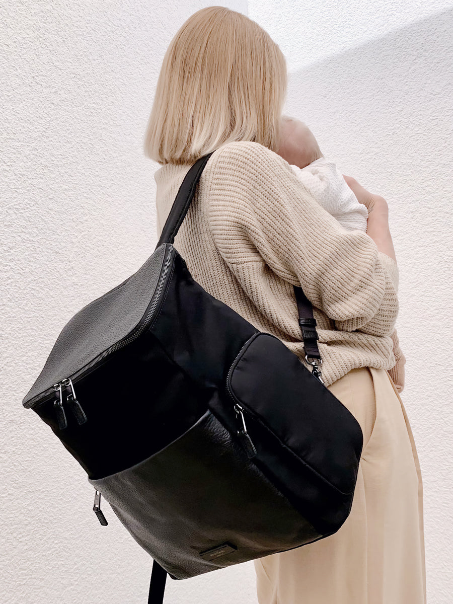 Storksak Alyssa Black & Gunmetal Leather Diaper Bag Backpacks