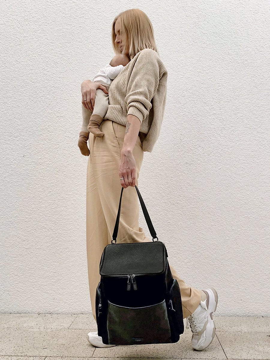 Storksak Alyssa Black & Gunmetal Leather Diaper Bag Backpacks