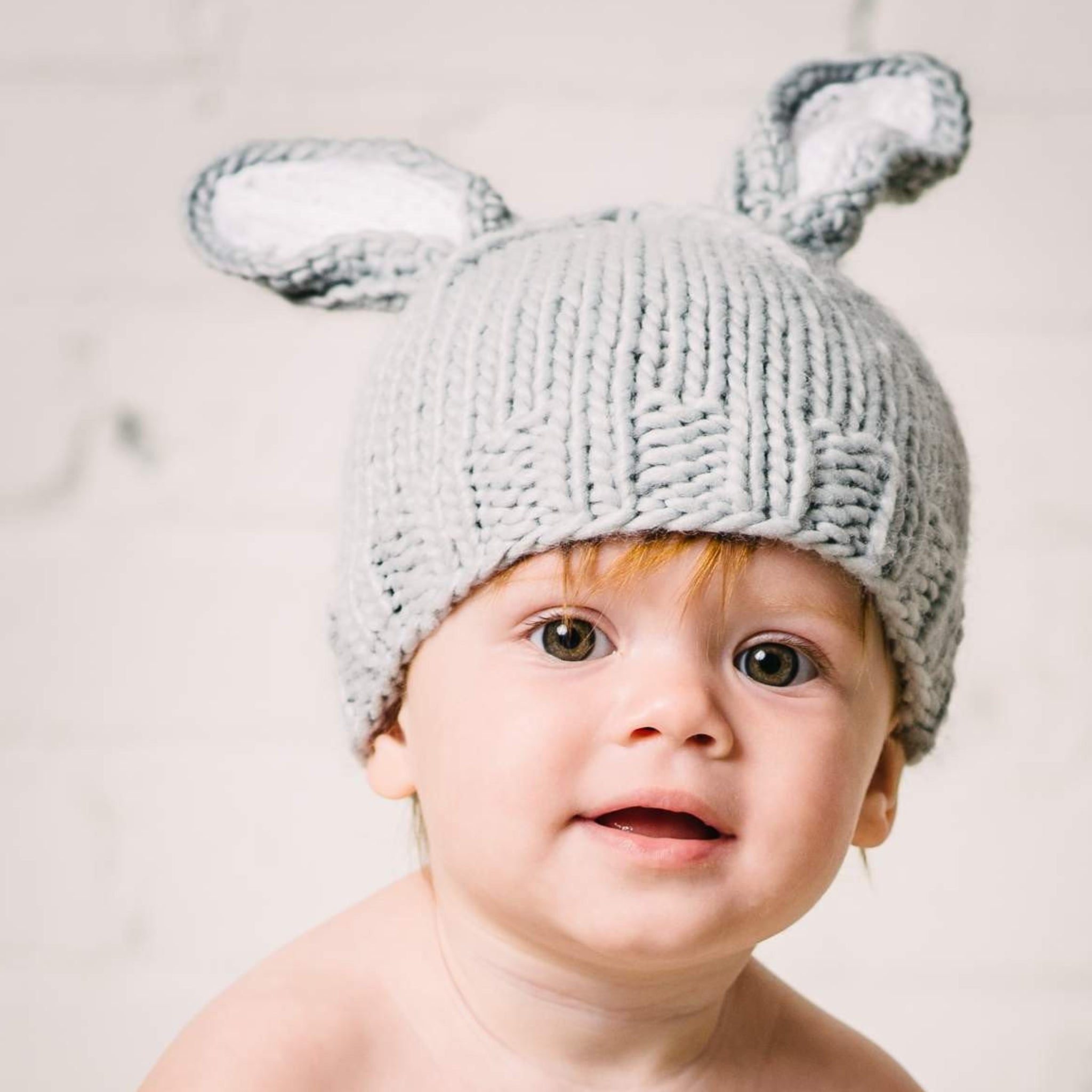 The Blueberry Hill Bailey Bunny Hand-Knit Hat, Grey with White Ears