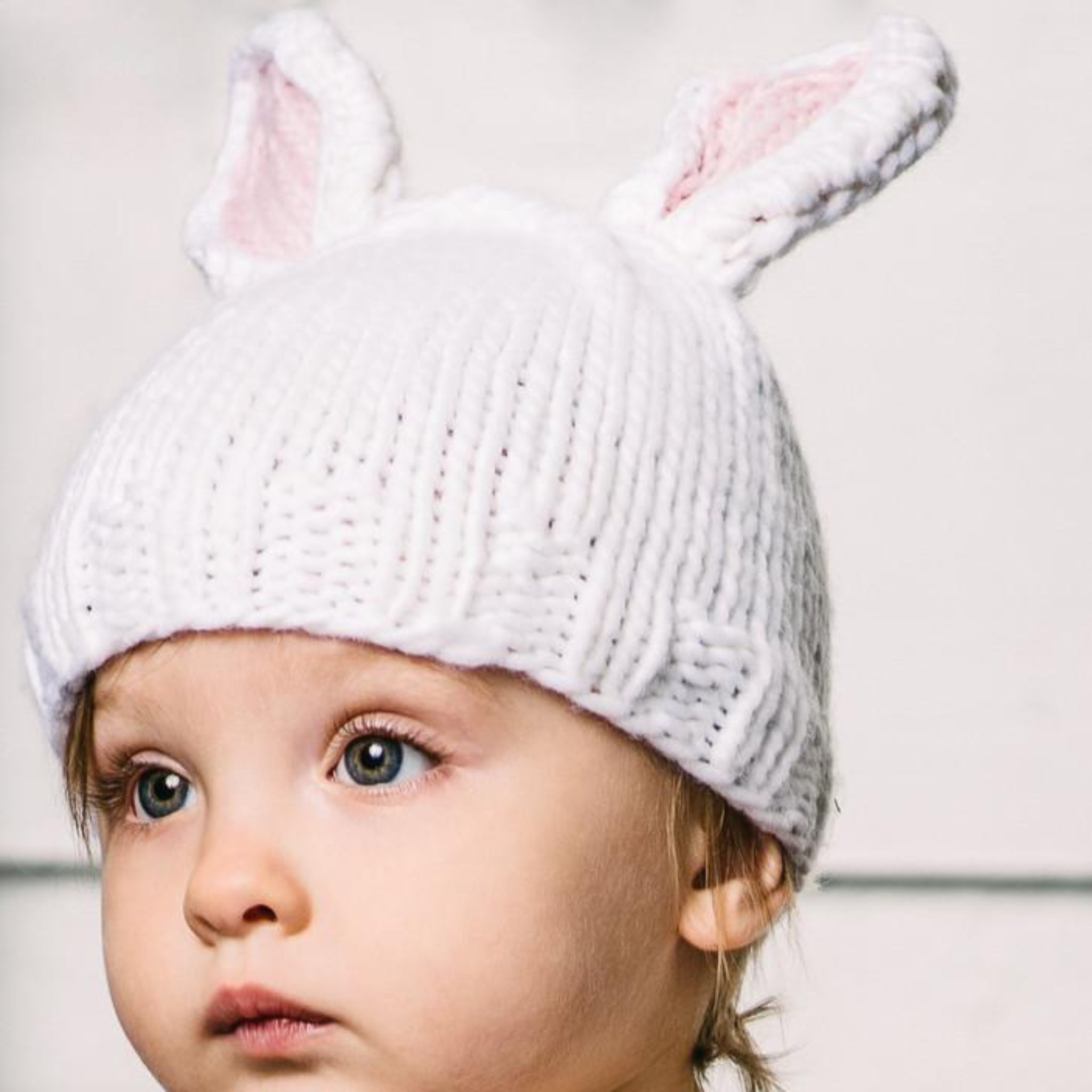 The Blueberry Hill Bailey Bunny Hand-Knit Hat, White with Pink Ears