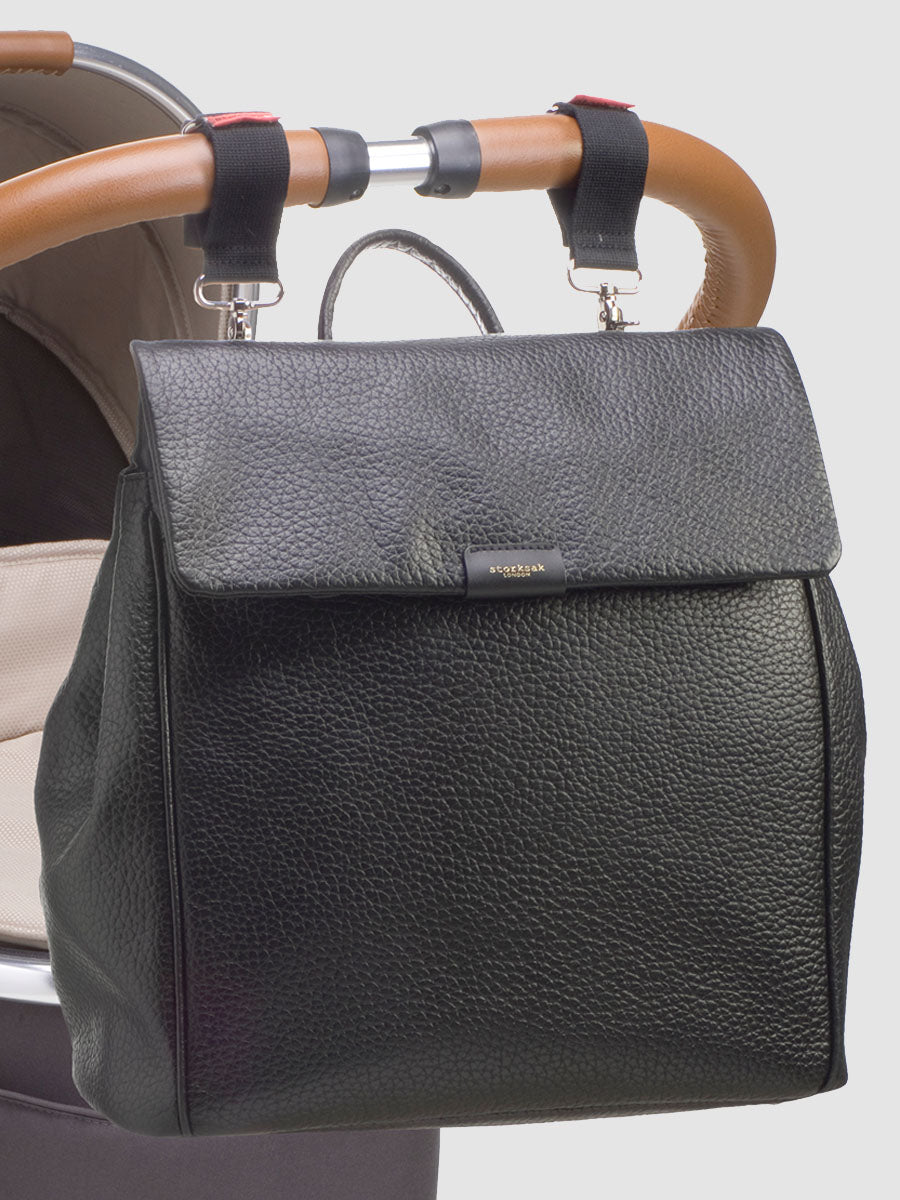 Storksak St James Black Leather Convertible Diaper Bag Shoulder Bags