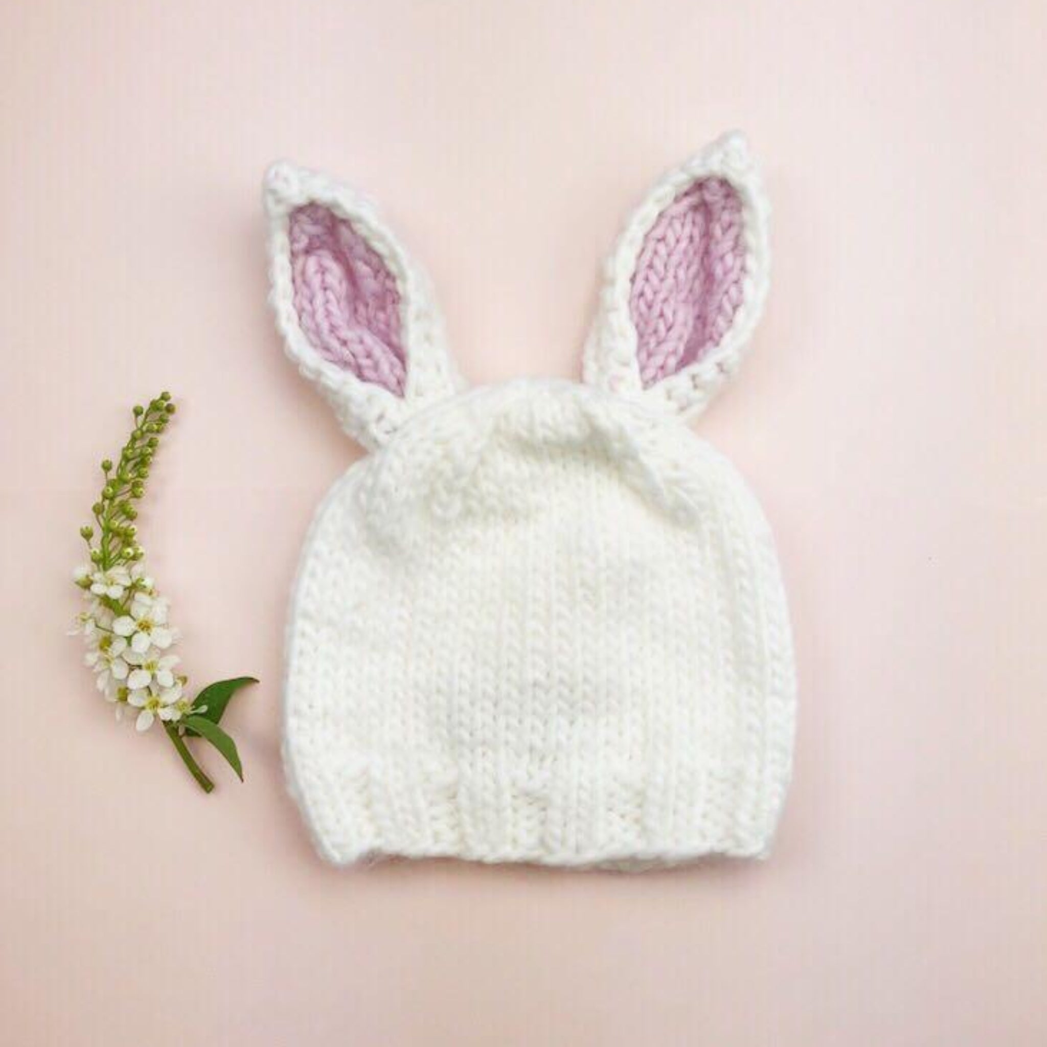 The Blueberry Hill Bailey Bunny Hand-Knit Hat, White with Pink Ears