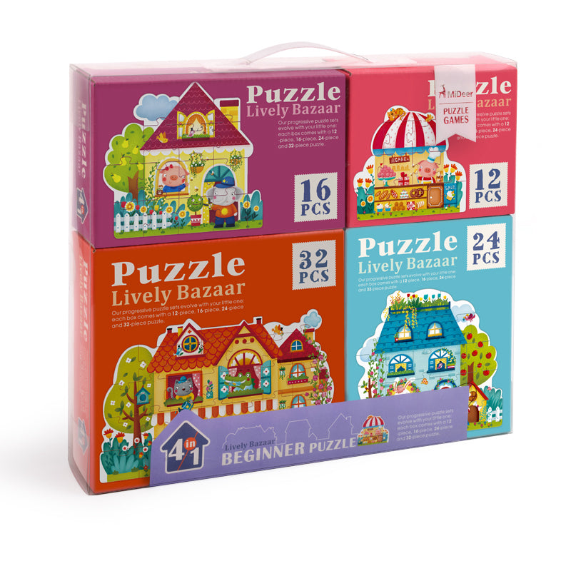 Mideer Set of 4 Progressive Puzzles: Lively Bazaar Homes and Shops Puzzle