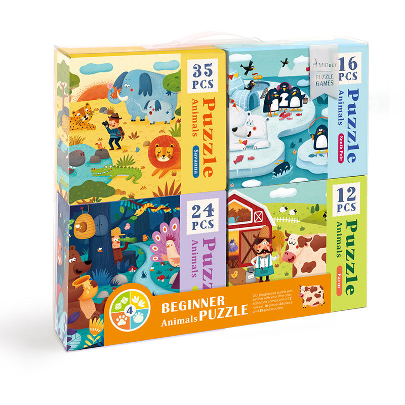 Mideer Set of 4 Progressive Puzzles: Animals in Savanna, South Pole, Farm and Forest Puzzle
