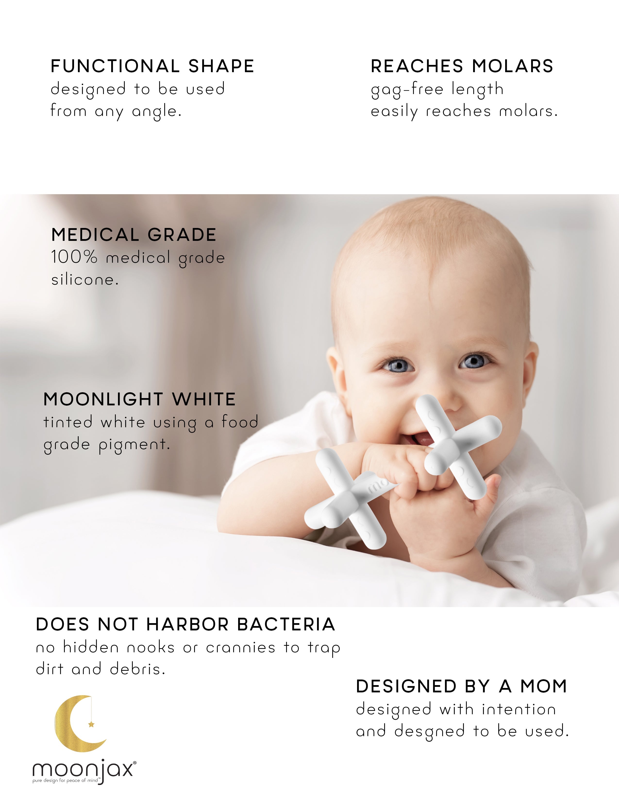 1-pack Moonlight White Silicone Patented Moonjax® Best Baby Teether