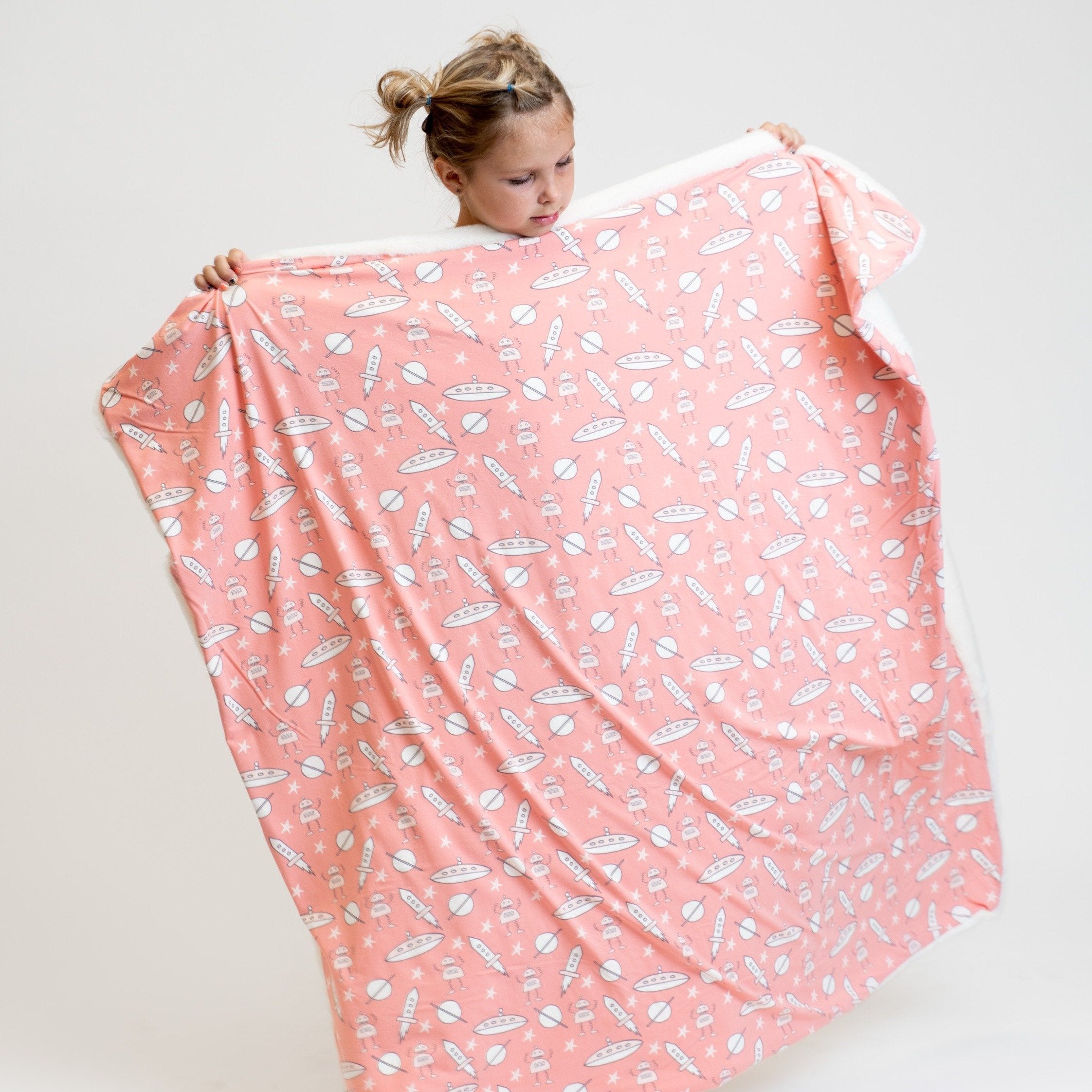 Big Kid Fur Blanket - 42 X 42 - Robot Pink - Outer Space Pink