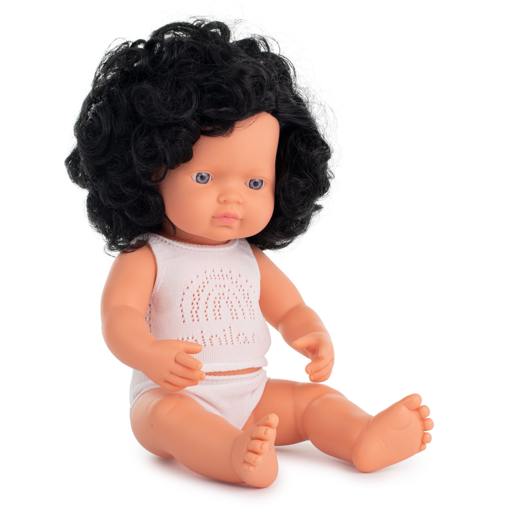 Miniland Baby Doll Caucasian Curly Black Hair Girl 15" Dolls