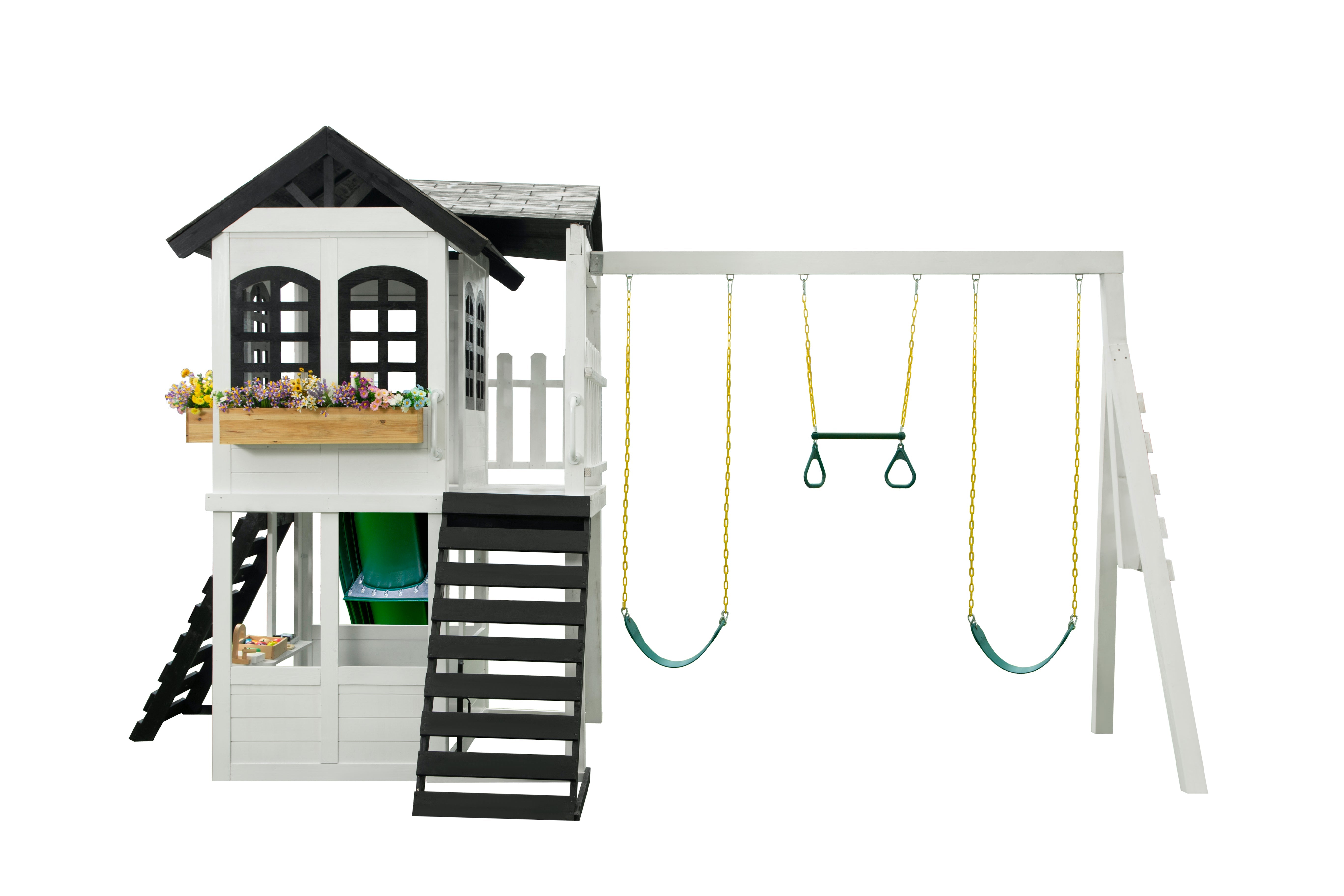 2MamaBees Reign Two Story Modern Farmhouse Black and White Playhouse with Slide and Optional Swings Playhouses