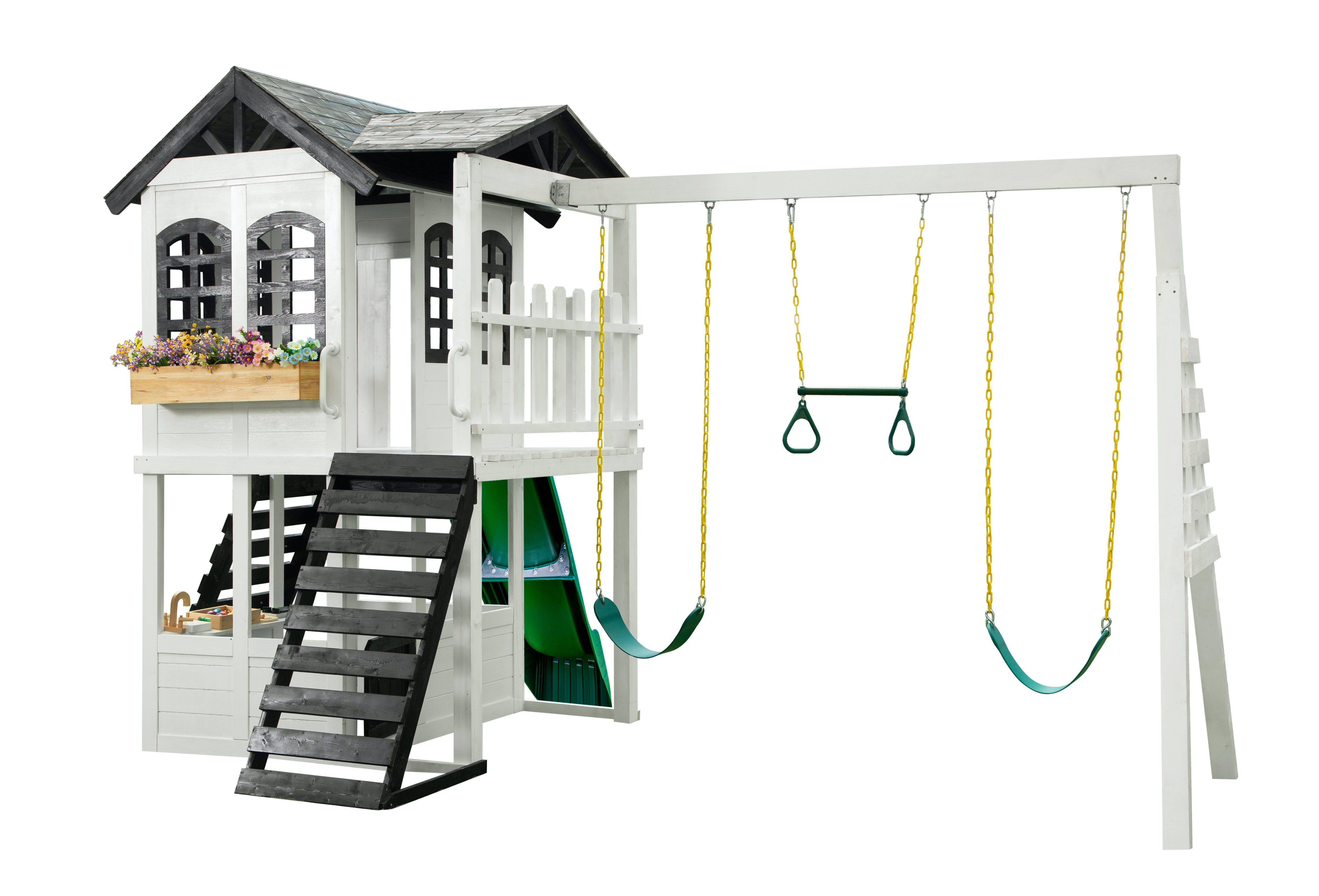 2MamaBees Reign Two Story Modern Farmhouse Black and White Playhouse with Slide and Optional Swings Playhouses