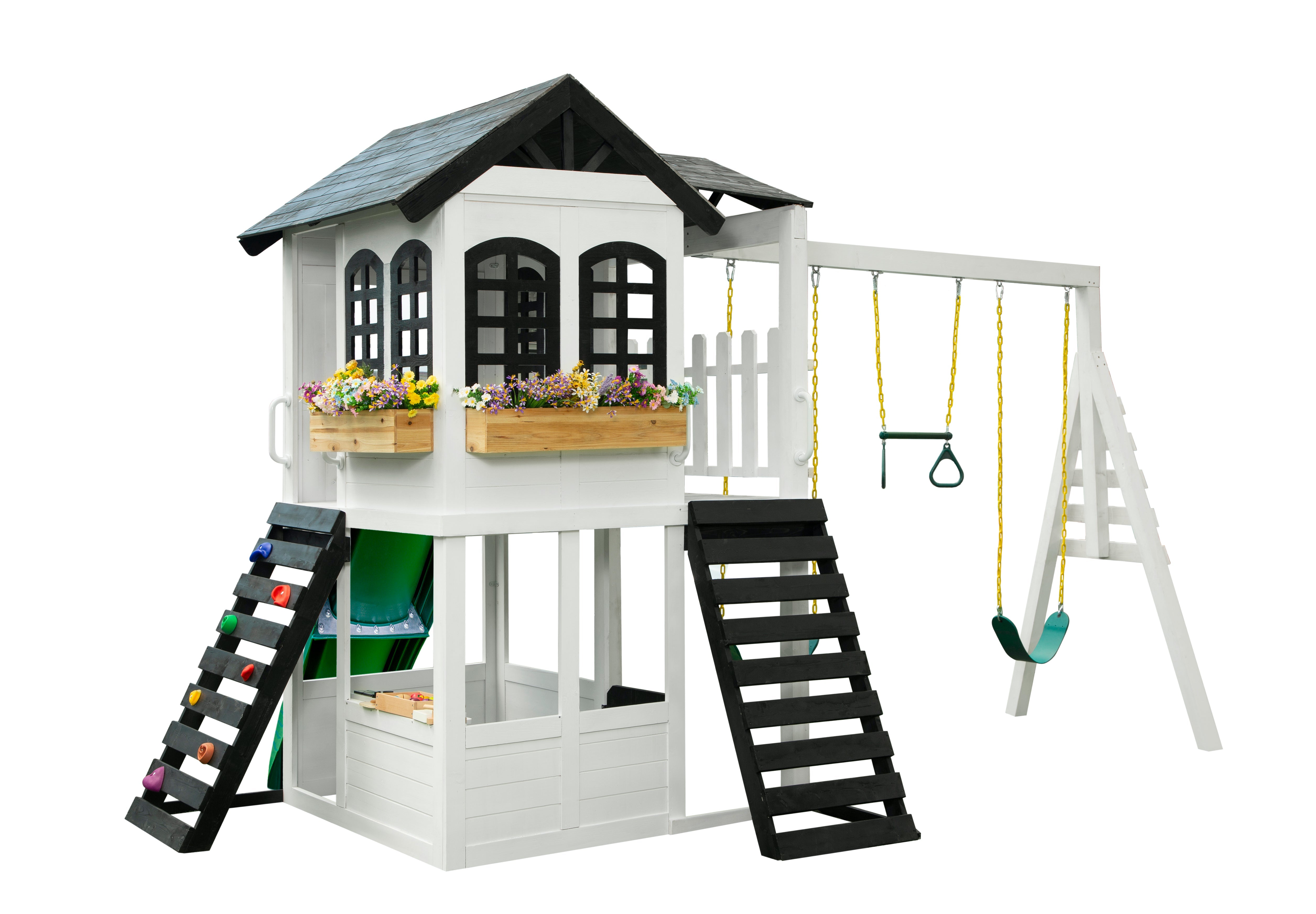 2MamaBees Reign Two Story Modern Farmhouse Black and White Playhouse with Slide and Optional Swings Playhouses
