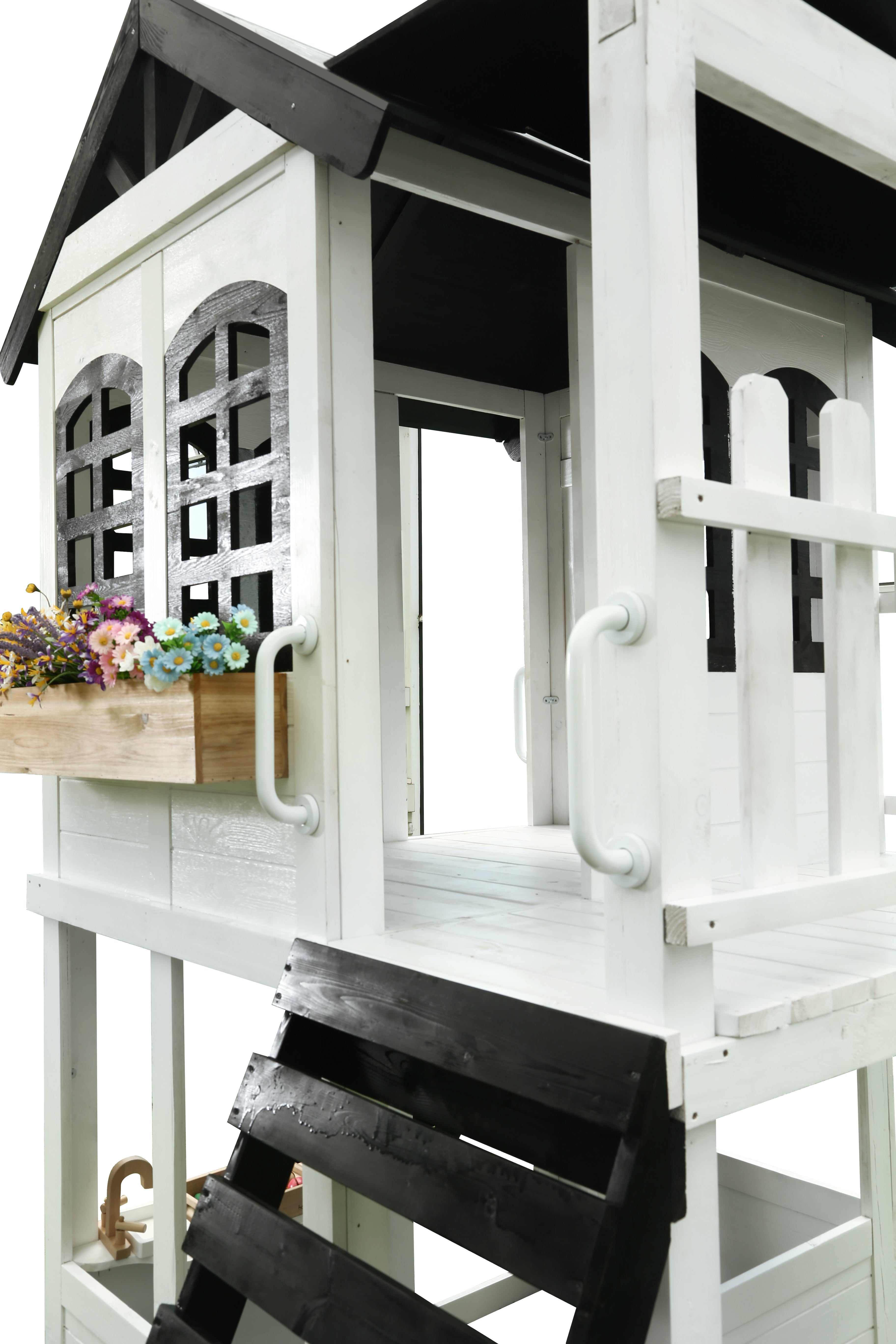 2MamaBees Reign Two Story Modern Farmhouse Black and White Playhouse with Slide and Optional Swings Playhouses