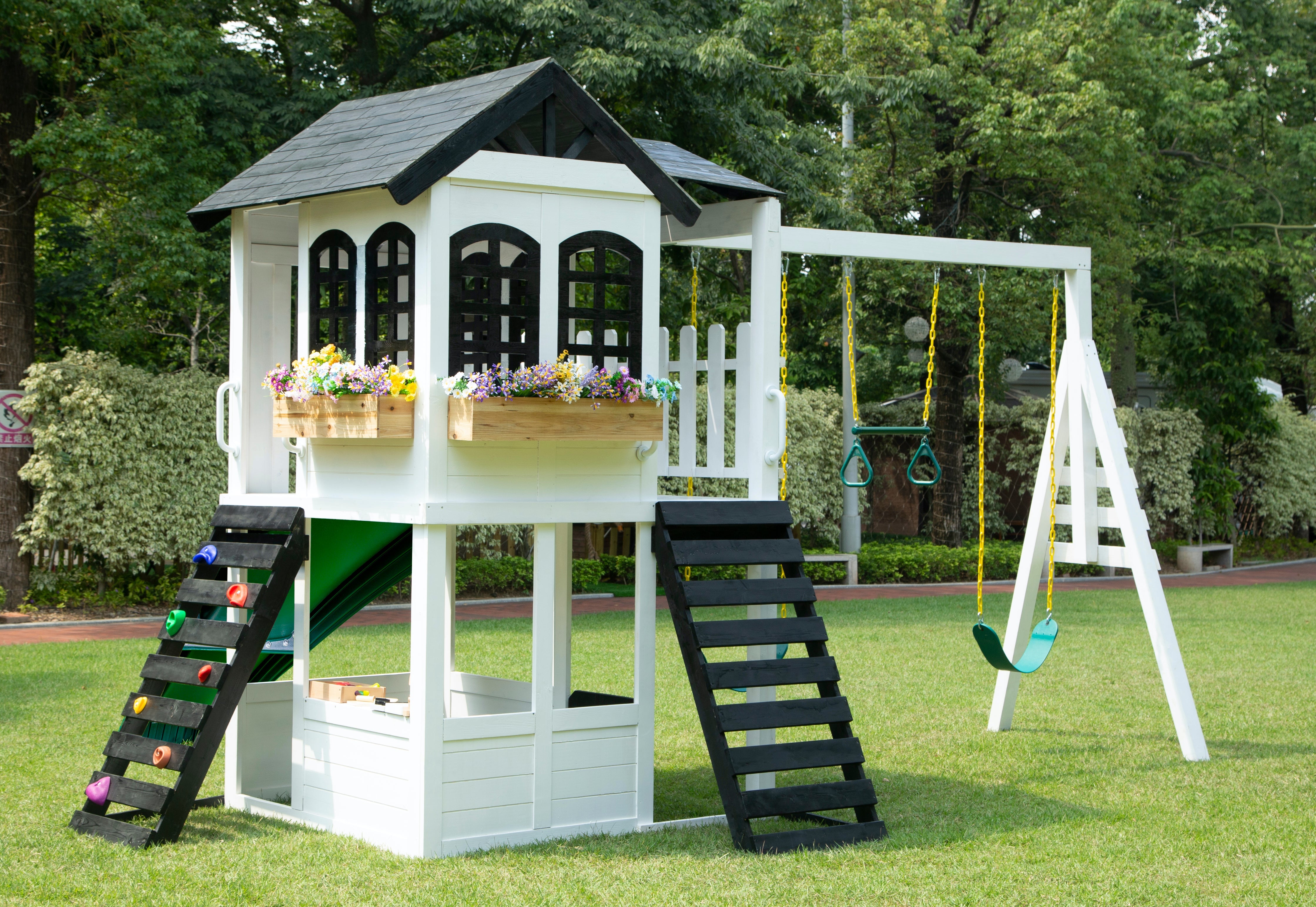 2MamaBees Reign Two Story Modern Farmhouse Black and White Playhouse with Slide and Optional Swings Playhouses