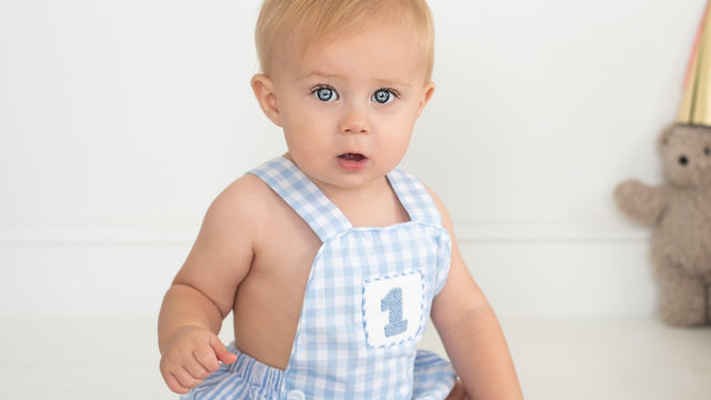 One-year-old in a blue gingham first-birthday romper with a number 1 on the bib, teddy bear in the background