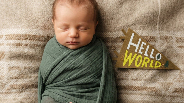 Sleeping newborn swaddled in a green muslin wrap beside a felt "Hello World" pennant, posed for an at-home newborn photo
