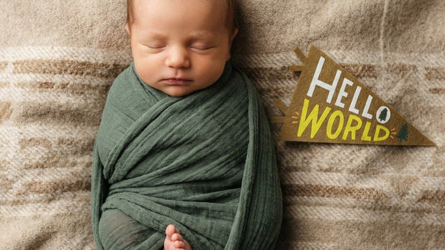 Sleeping newborn boy wrapped in a green muslin swaddle beside a felt Hello World pennant