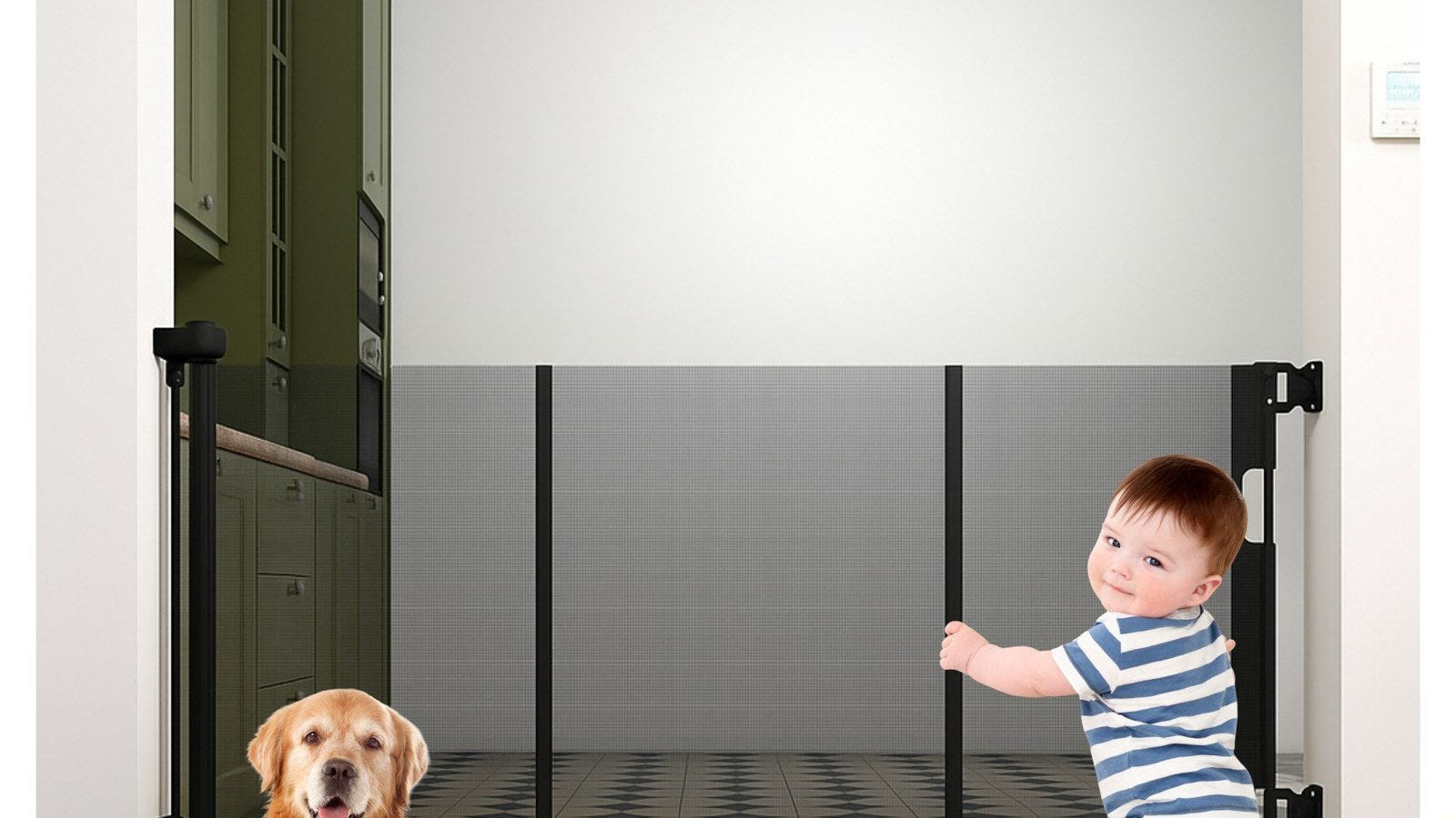 Baby and dog beside a retractable baby safety gate at home