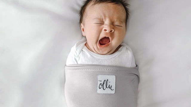 Yawning newborn wrapped snugly in a grey Ollie swaddle on a white sheet
