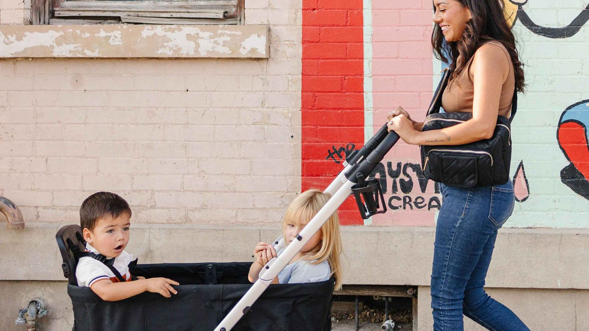 Family using a stroller wagon