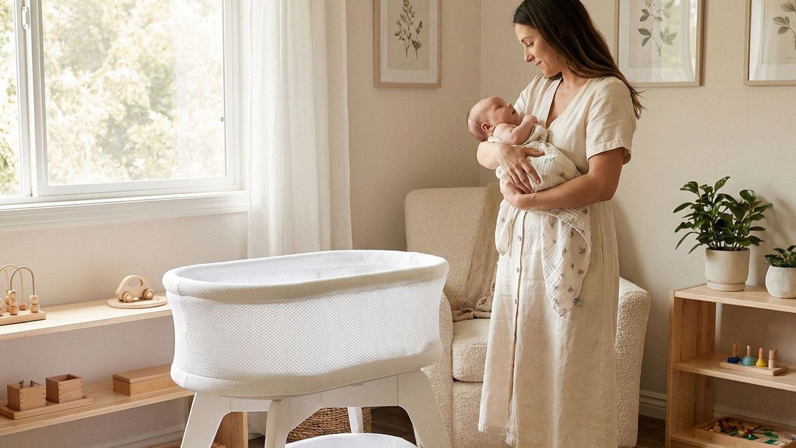 Mother holding her newborn beside a bassinet in a calm nursery