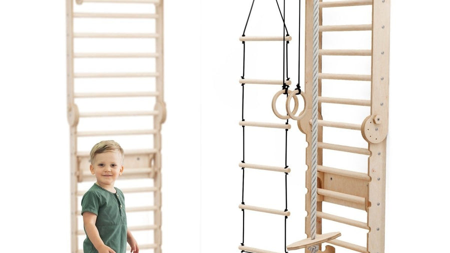 Child climbing on a wooden pikler climbing frame