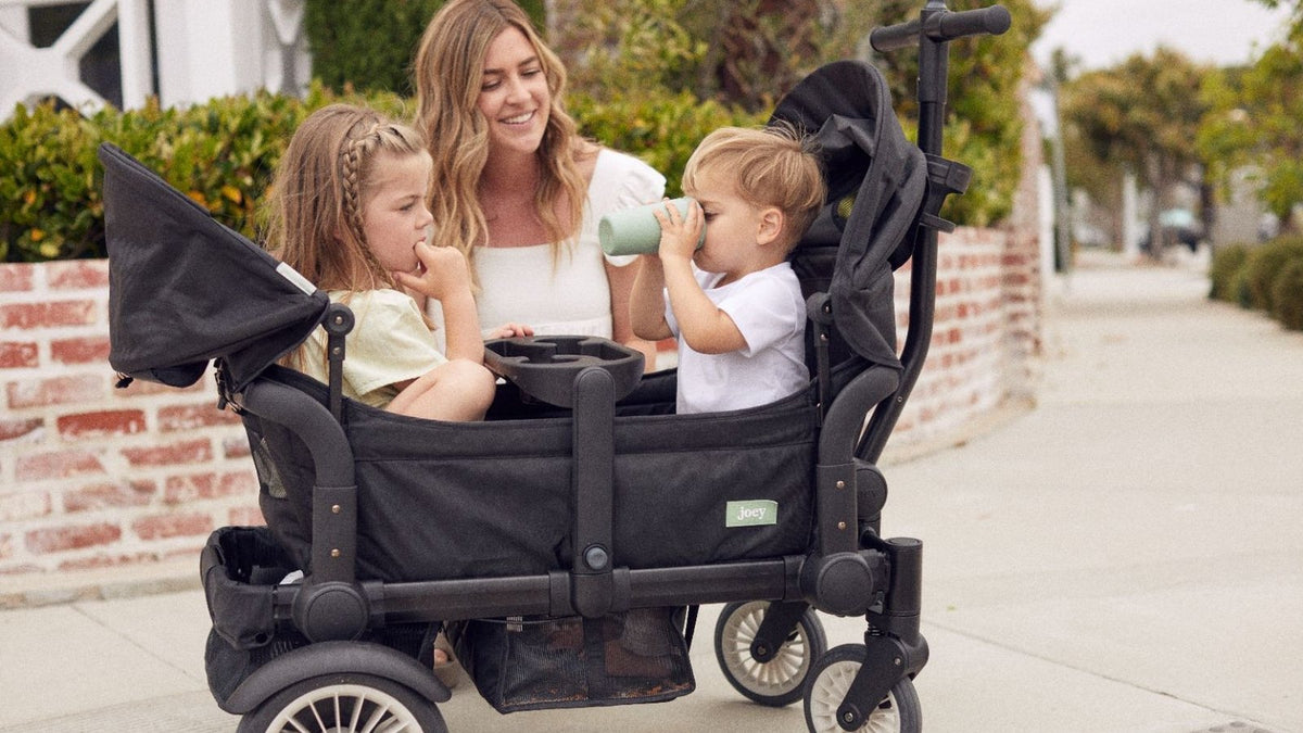 Mom with two kids riding in a black Joey stroller wagon on a neighborhood sidewalk