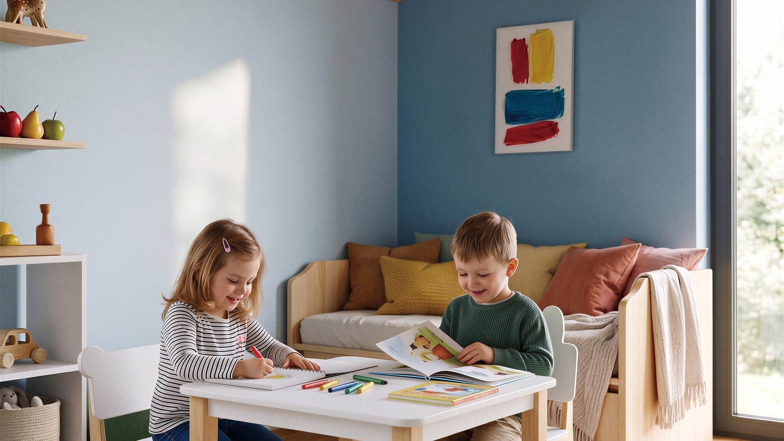 Two children drawing and reading at a white wooden kids activity table with matching chairs
