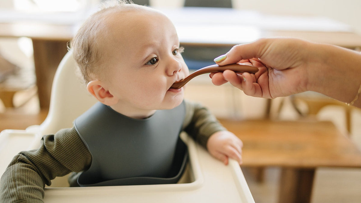 Baby in a high chair wearing a silicone bib, being spoon-fed a first puree by a parent